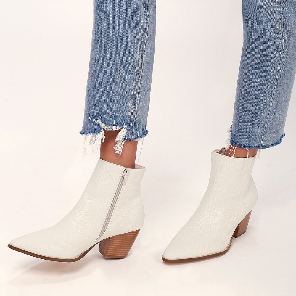 Lulus x Matisse Spirit Ivory Snake Pointed Toe Ankle Booties
